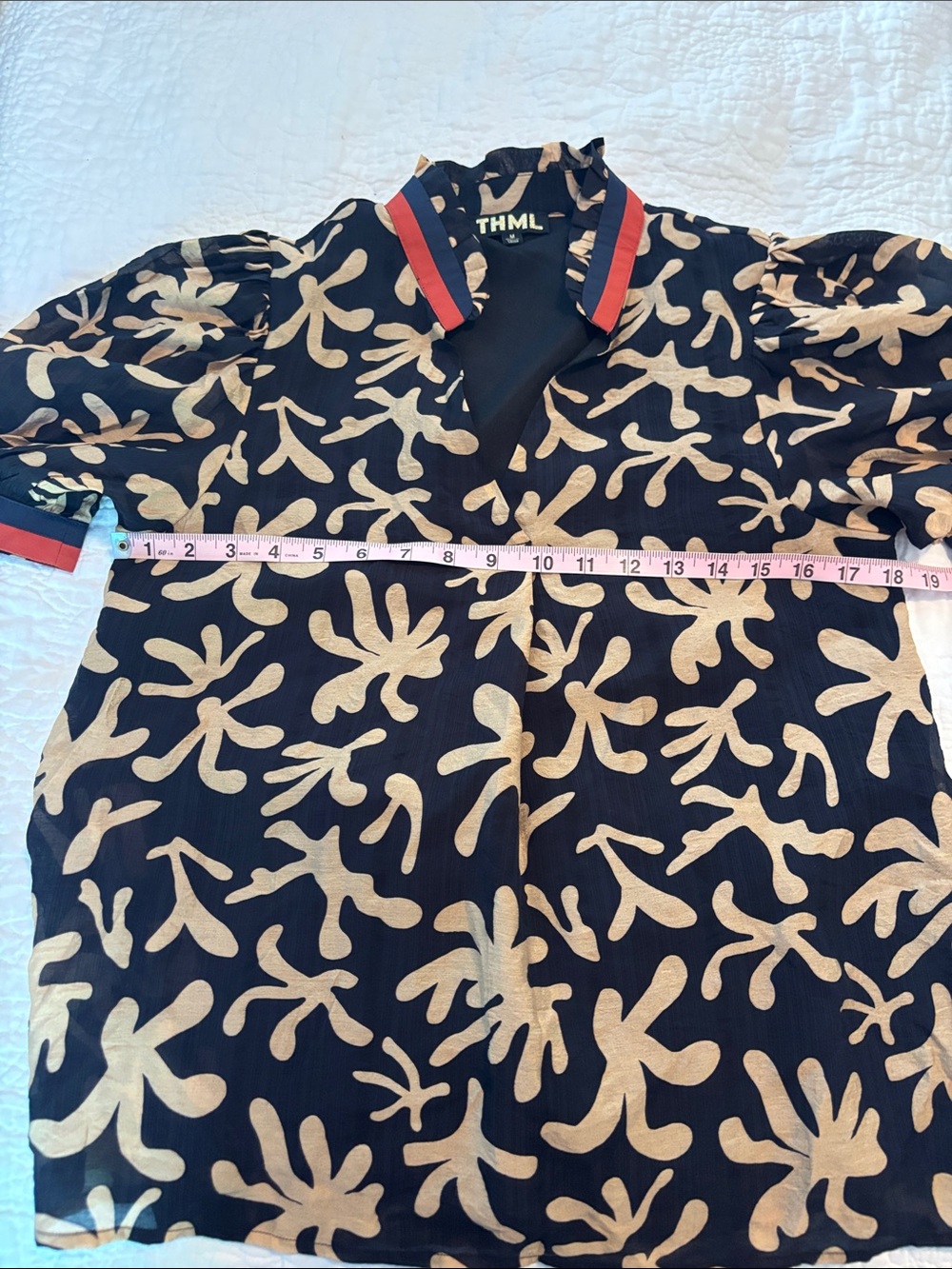 THML Black Blouse with Cream Abstract Print and Red Trim - Picture 5 of 7